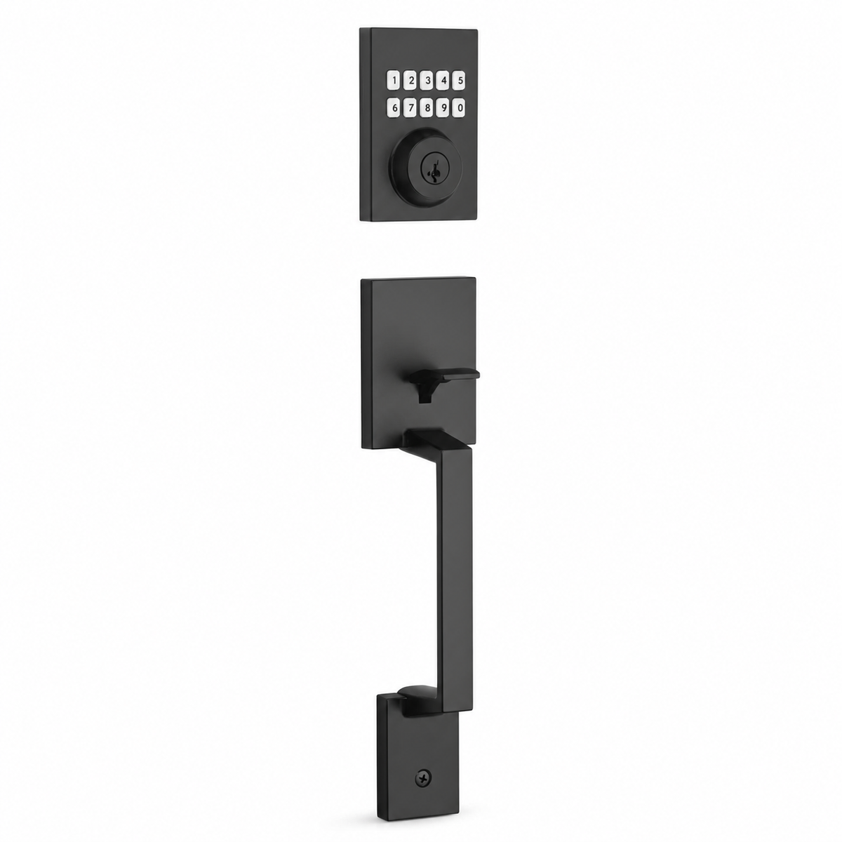 Ensemble de serrure électronique et poignée Weiser noir mat sur fond blanc