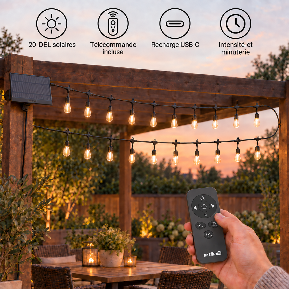 Guirlande solaire Artika Eclipse de 20 ampoules allumée sous une pergola