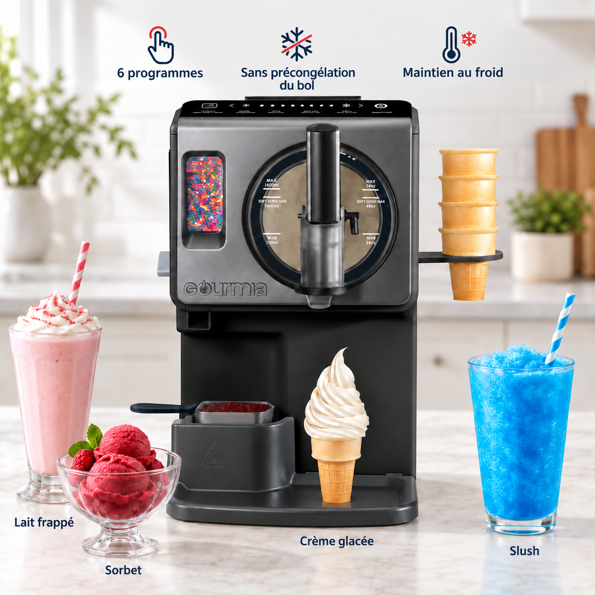 Machine Gourmia à crème glacée molle avec fruits et cornet sur un comptoir