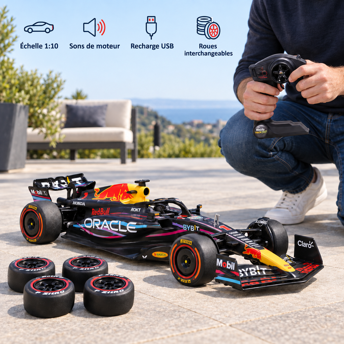 Voiture télécommandée Red Bull RB19 numéro 1 avec télécommande dans un salon moderne