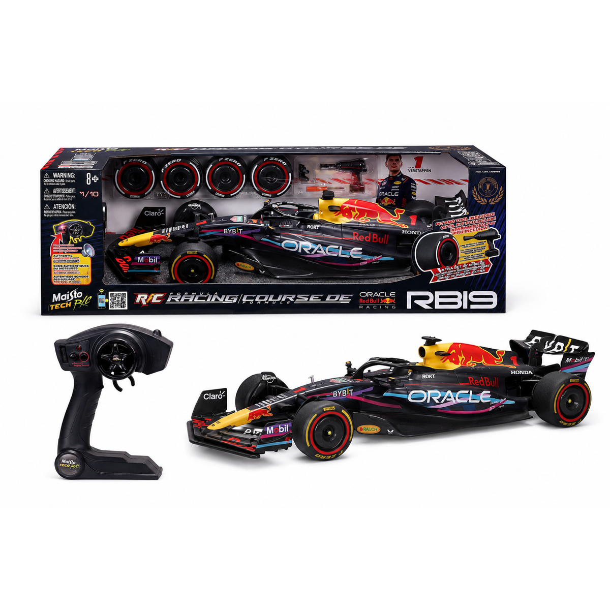 Ensemble Maisto Tech Red Bull RB19 avec boîte, voiture et télécommande sur fond blanc