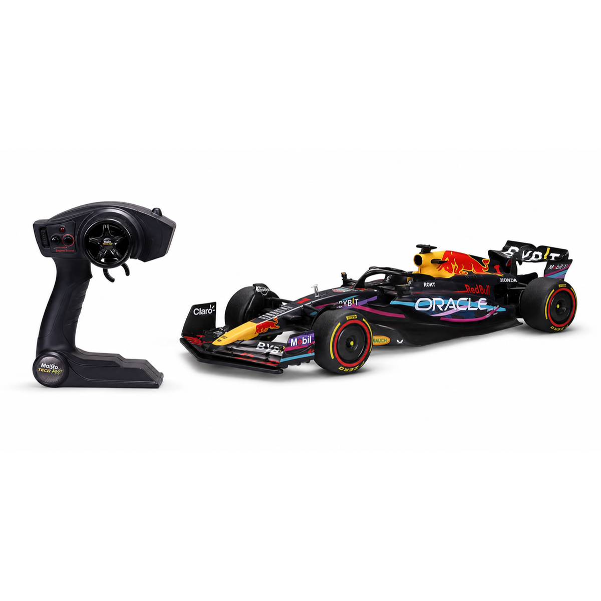 Voiture R/C Red Bull RB19 numéro 1 et télécommande noire sur fond blanc