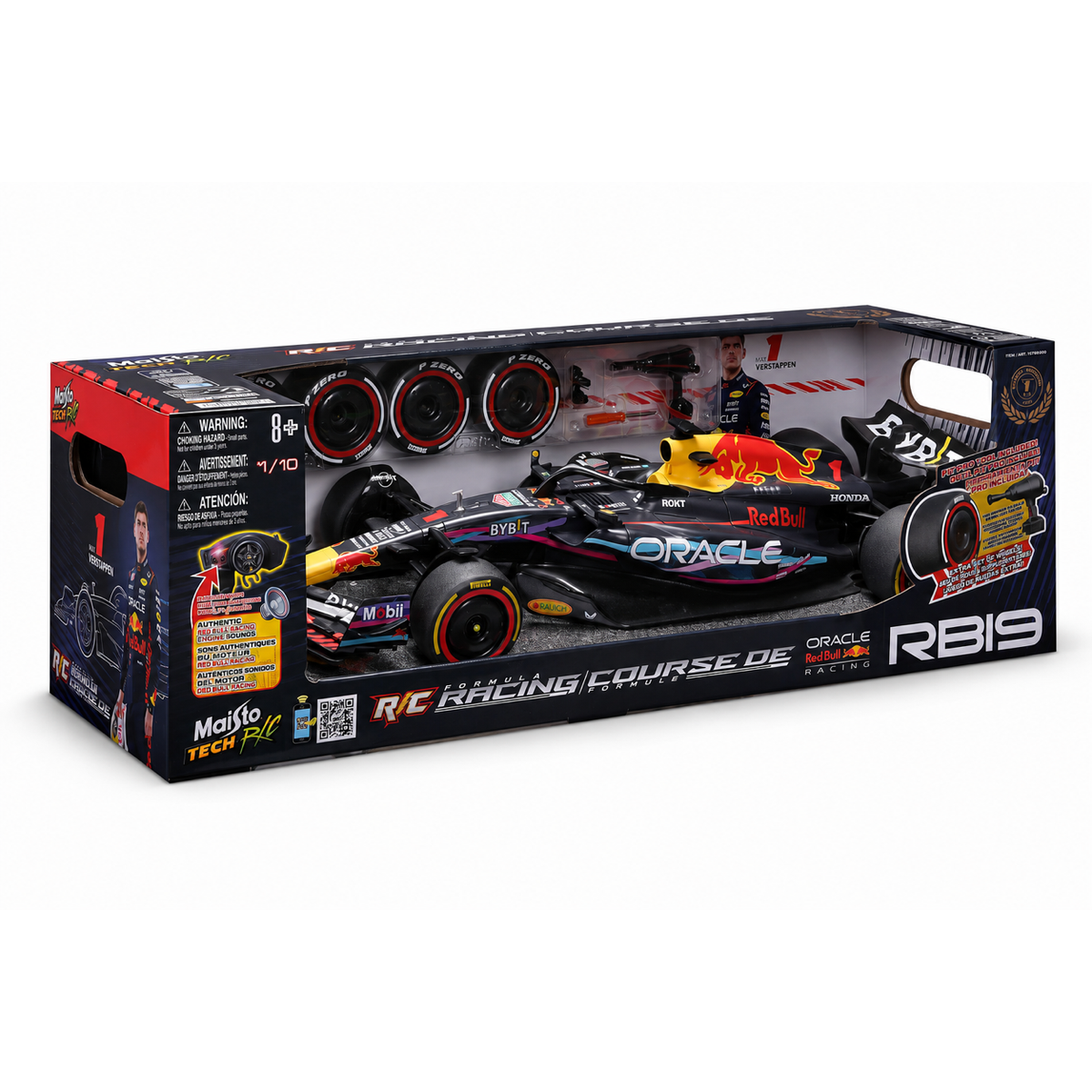 Boîte Maisto Tech Formula Racing Red Bull RB19 vue de gauche sur fond blanc