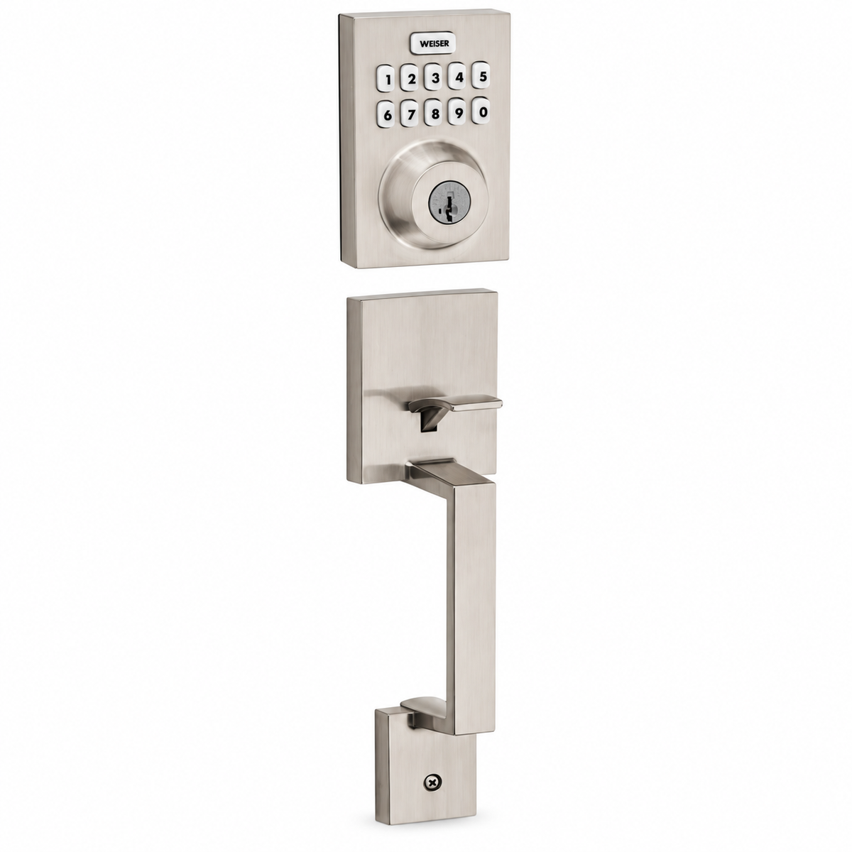 Weiser — Serrure électronique et poignée de porte — nickel — fond-blanc-exterieur