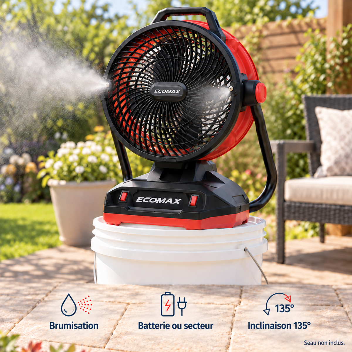 Ecomax — Ventilateur brumisateur 12 po pour seau — contexte