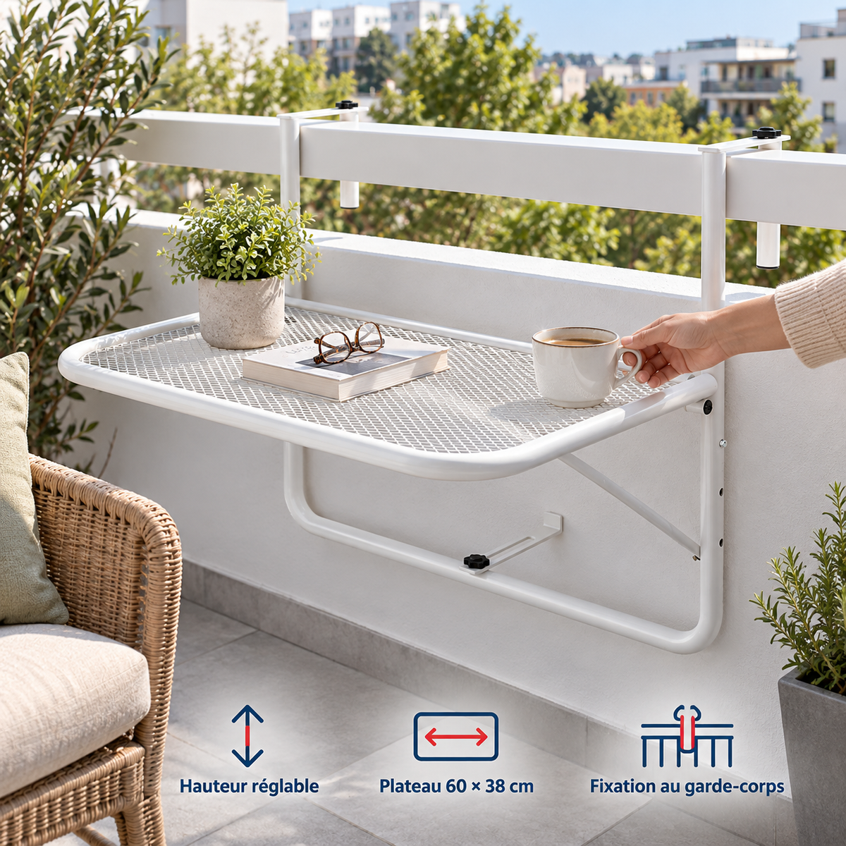 Outsunny — Table suspendue pour balcon, blanche — mise en situation