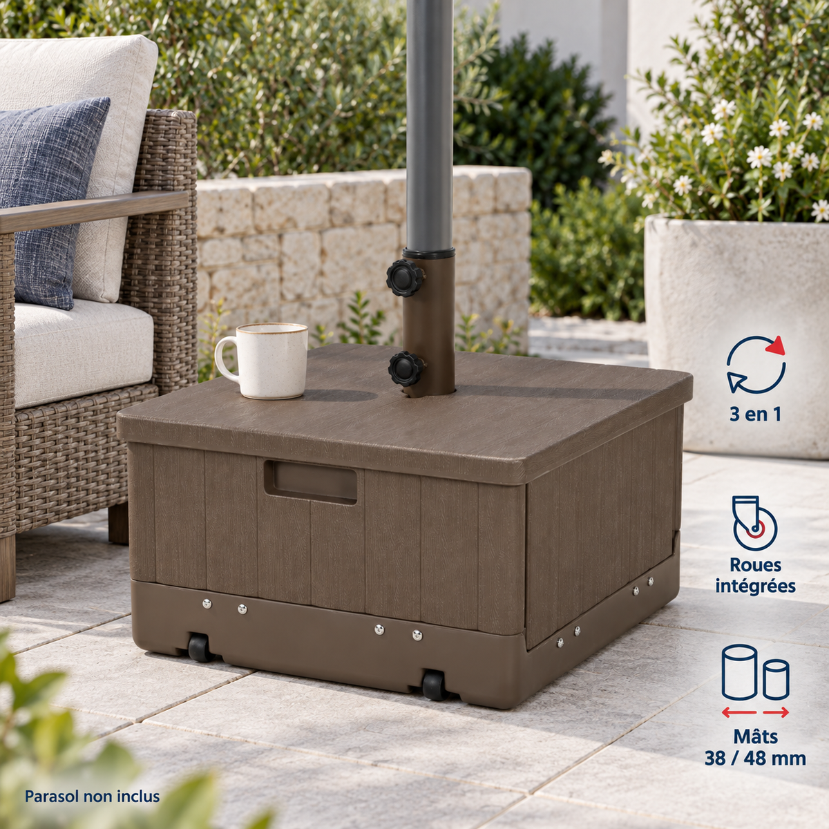 Outsunny — Base de parasol 3 en 1 sur roulettes — mise en situation
