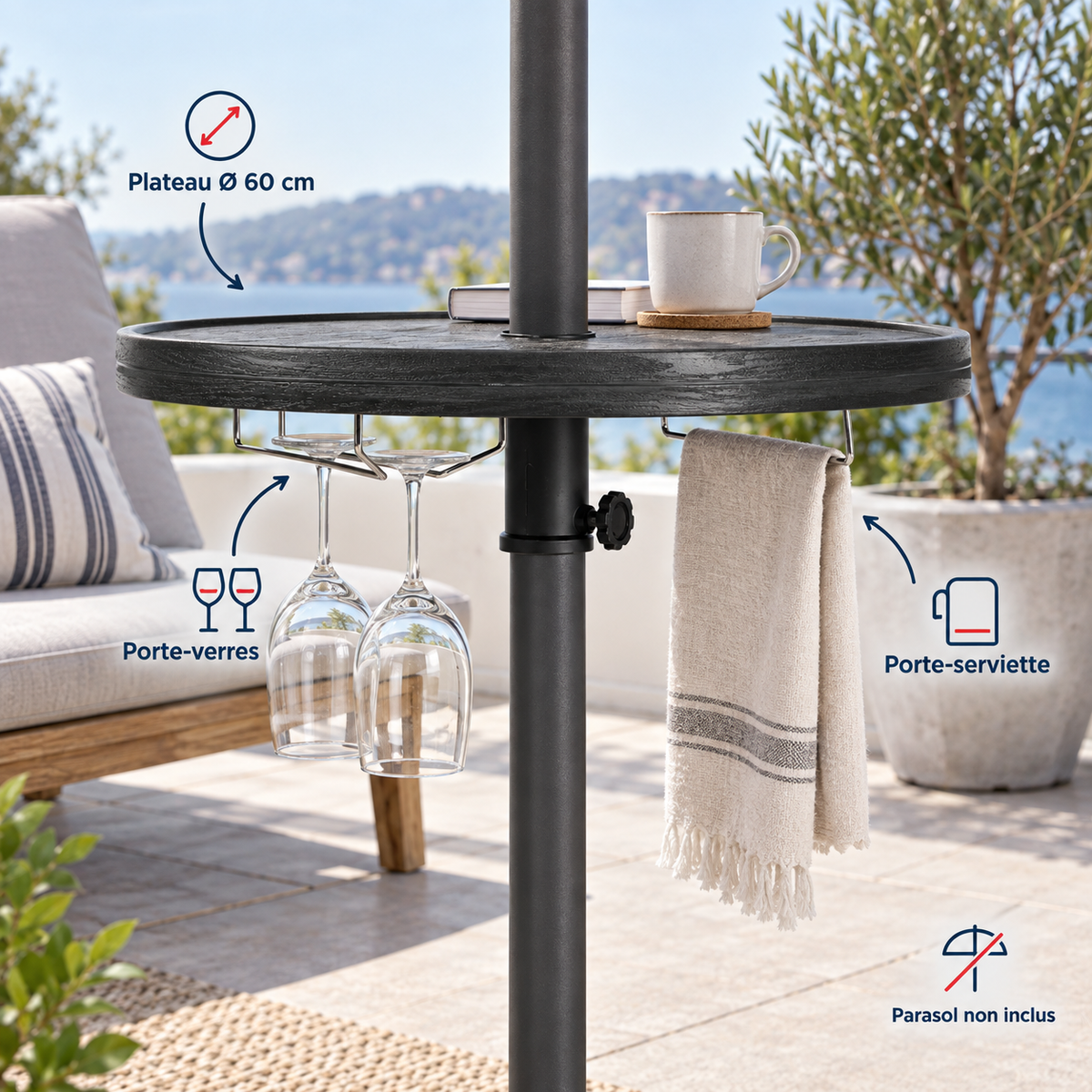 Outsunny — Tablette ronde pour parasol avec porte-verres — mise en situation