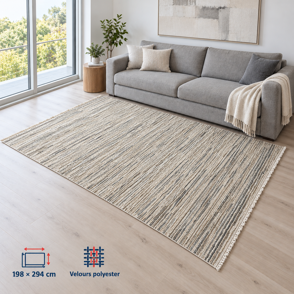 Calvin Klein Atlas — tapis ivoire, beige et gris de 198 × 294 cm dans un salon lumineux